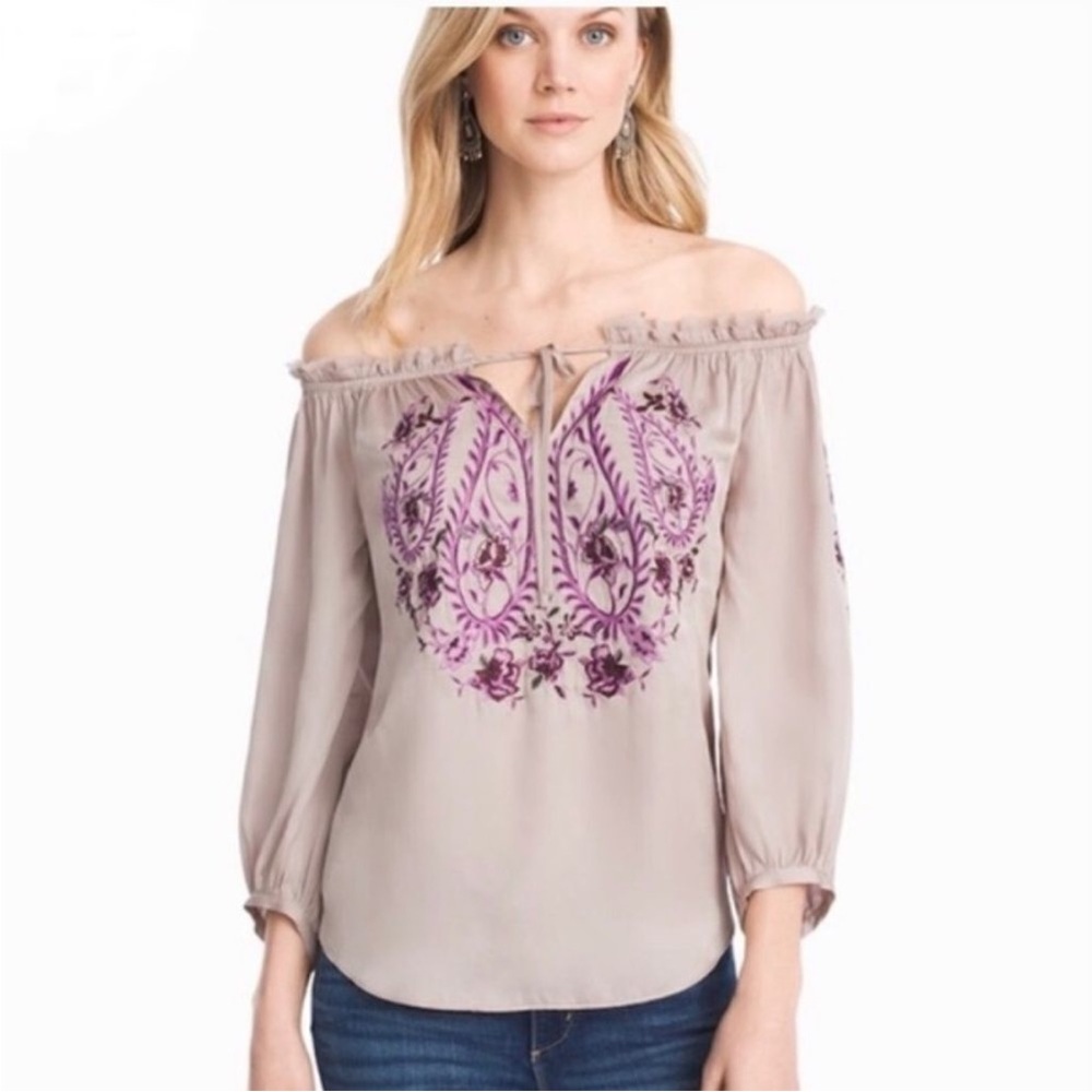 White House Black Market Women's Off-Shoulder Embroidered Top - Purple Design